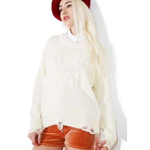 NWT WILDFOX Sz M SURE YEAH OK DISTRESSED PULLOVER SWEATER IN LATTE CREAM IVORY - Picture 3 of 12